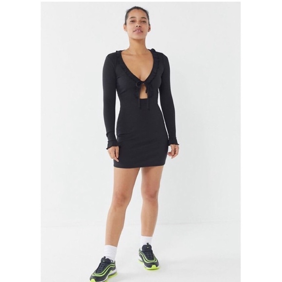 UO Gemma Keyhole Cutout Ribbed Ruffle Mini Dress - Picture 1 of 6